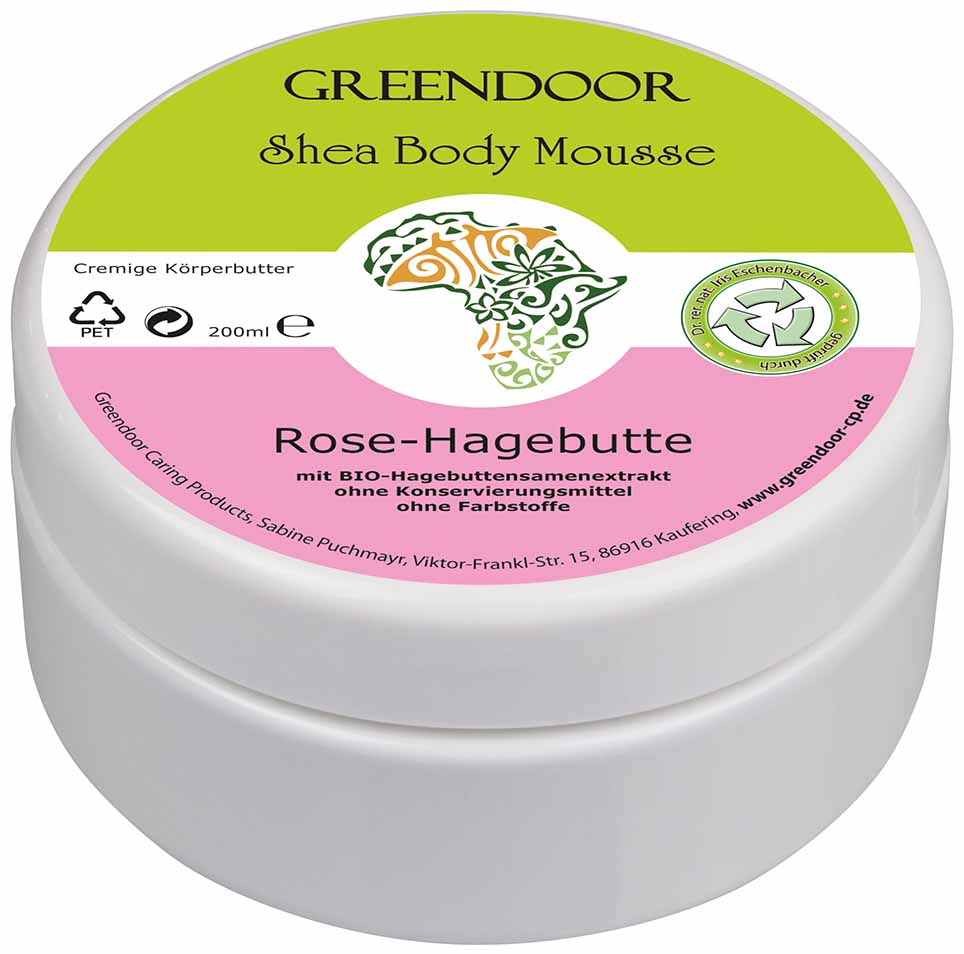 Shea Body Mousse Rose Hagebutte 200ml, natürliche vegane Hautpflege Creme, wasserfreie Bodybutter