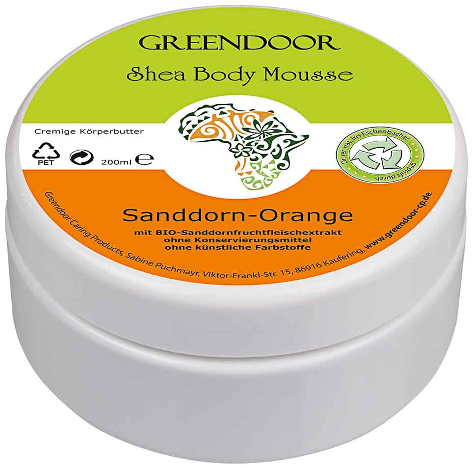 Shea Body Mousse Sanddorn Orange 200ml, vegane Körperbutter, reine Natur, wasserfrei